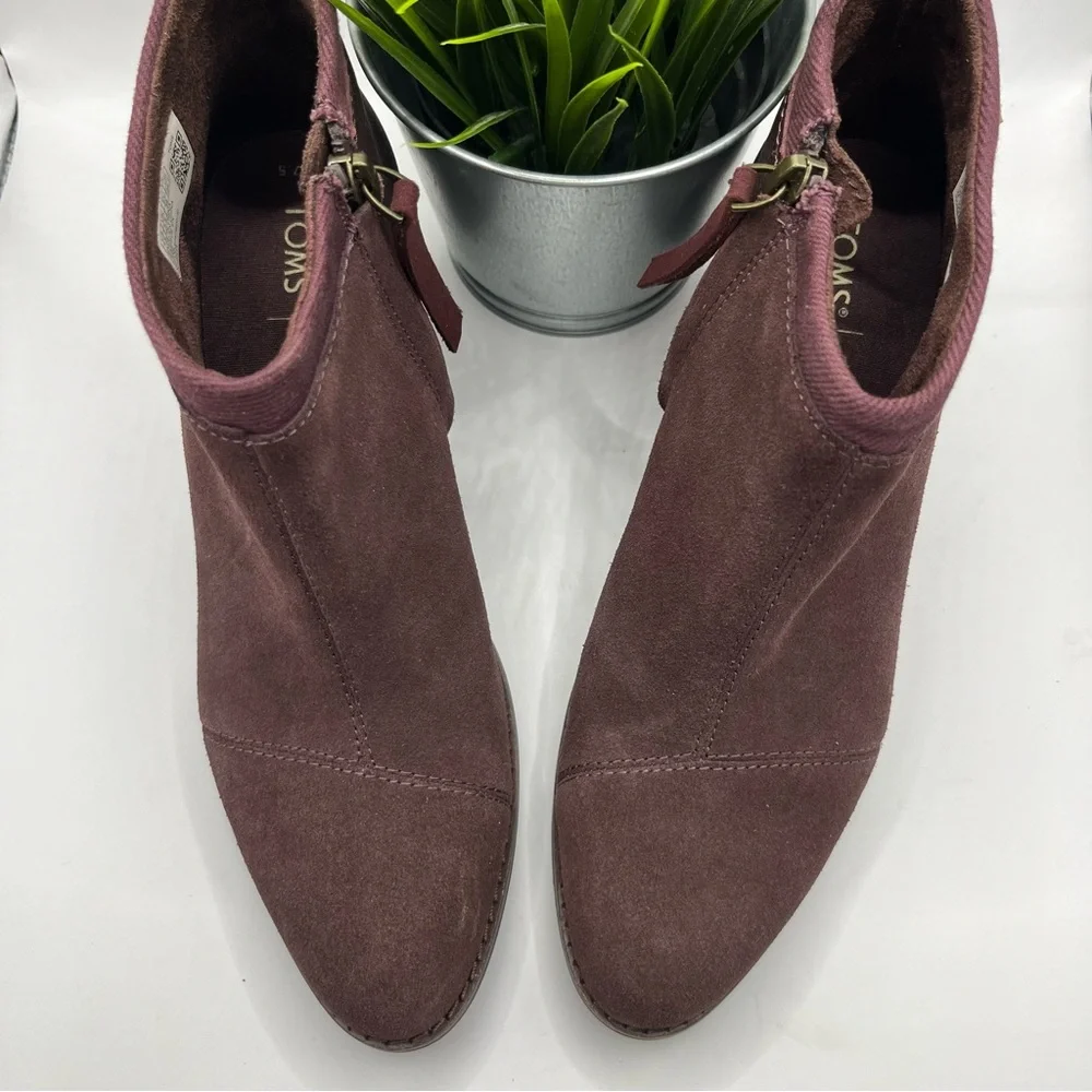 Toms Women's Loren Suede/Metallic Block Heel Ankle Bootie Burgundy 7.5 - Picture 3 of 8